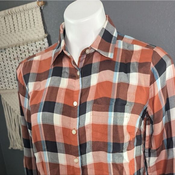 LOFT Women SZ XS Orange/Brown Checked Button Up Shirt Blouse -Lightweight-Casual - Picture 5 of 7